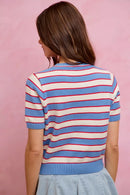 SO ME Stripe Knit Crew Neck Short Sleeves Sweater Top