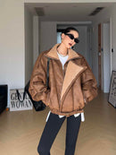 Retro Motorcycle Clothing Lapel With Velvet Thickened Fur Jacket