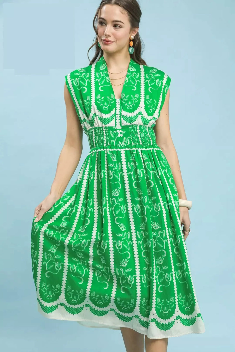 smocked midi dress sleeveless Khaki Striped Smocked Sleeveless Midi Dress