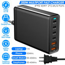 200W Fast Wall Charger with 6 Charging Ports Desktop USB Charging Station PD45W 2.4A GaN Power Adapter Fit for IOSPhone 14 13 12 11 Samsung S22 S21 Sw
