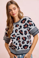 BiBi Two Tone Detail Leopard Knit Double Sleeves Top