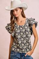 BiBi Floral Jacquard Ruffle Sleeves Knit Top