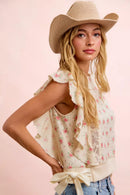 BiBi Flower Printed Ruffle Sleeve Trim Detail Top