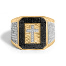 Men's 10K Yellow Gold 1 1/2 Cttw White and Black Diamond Cross Signet Ring