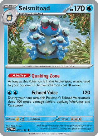 Seismitoad 052/197 - SV03 Obsidian Flames Reverse Holofoil