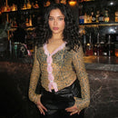 Womens Long-Sleeve Leopard-Print Sheer Mesh Top