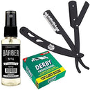 The Shave Factory Straight Edge Razor Kit (Black/Barber No4 Cologne 50ml / 100 Derby Professional Single Edge Razor Blades)