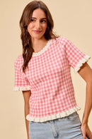 SO ME Gingham Knit Ruffled Short Sleeves Sweater Top