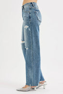 RISEN Full Size Mid Rise Fit Wide Baggy Leg Tie Washed Jeans Plus Size