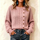 Womens Knitted Casual Comfortable Long-Sleeve T-Shirt With Buttons