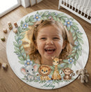 Personalized Baby Safari Round Blanket with Photo and Name - Watercolor Safari Animals and Botanical Wreath on White - Custom Baby Gift in 47 or 60 Inch