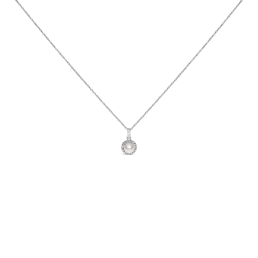 10K White Gold 5MM Cultured Pearl and Diamond Accent Halo Pendant Necklace