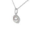 10K White Gold 5MM Cultured Pearl and Diamond Accent Halo Pendant Necklace