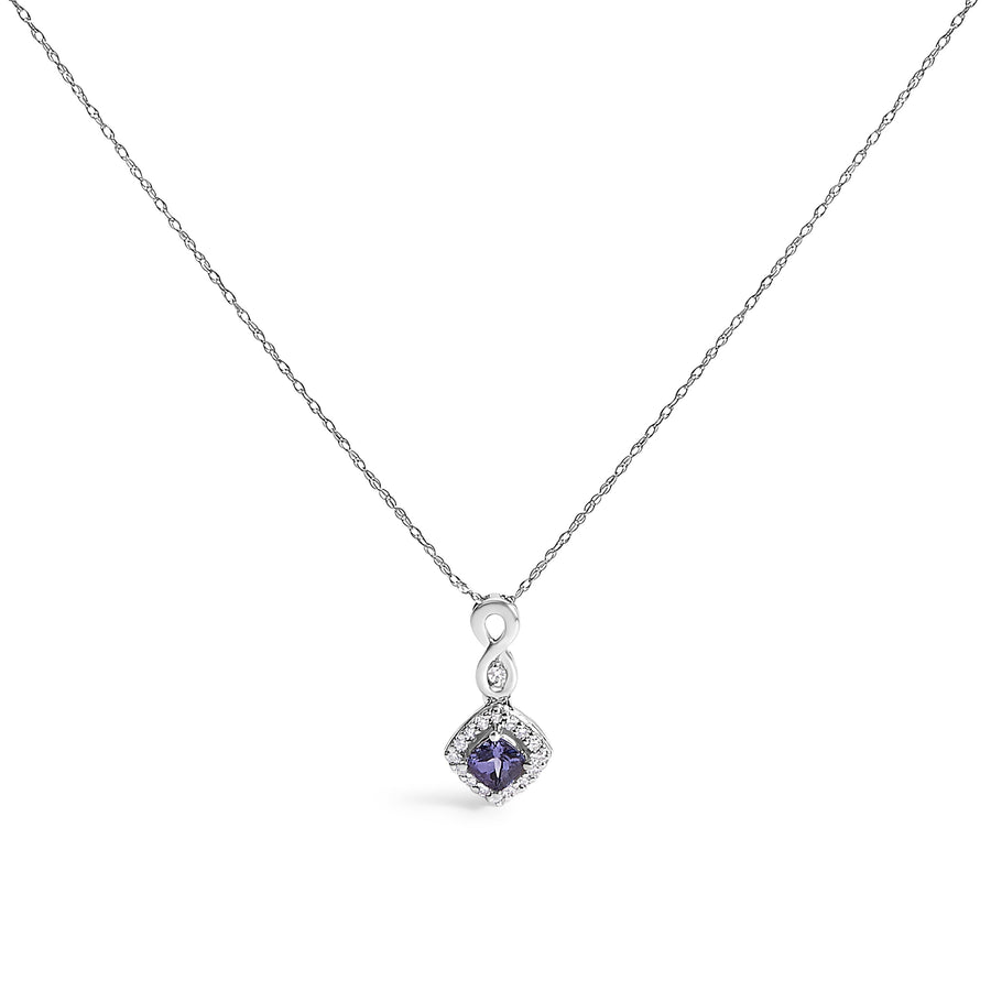 10K White Gold Blue Purple Tanzanite and Diamond Accent Cushion Drop Pendant Necklace - 18