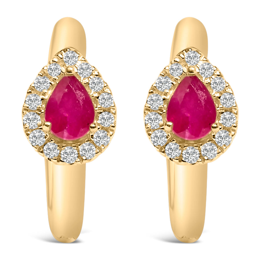 10K Yellow Gold Pear Cut Red Ruby 4x3 mm and 1/10 Cttw Round Diamond Huggy Earrings (I-J Color, I1-I2 Clarity)