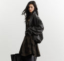 Gender-neutral Pleated Silhouette Ebony-brown Faux Leather PU Jacket