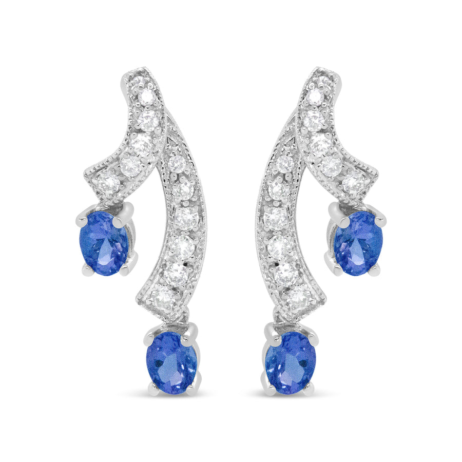 14K White Gold 4x3MM Oval Shaped Natural Blue Tanzanite Gemstone and 1/5 Cttw Diamond Double 3/4