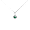 14K White Gold Oval 6x4 MM Green Emerald and Diamond Halo Pendant Necklace - 18 inch