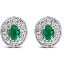14K White Gold Oval Green Emerald and 1/10 Cttw Diamond Halo Stud Earrings  (I-J Color, I1-I2 Clarity)