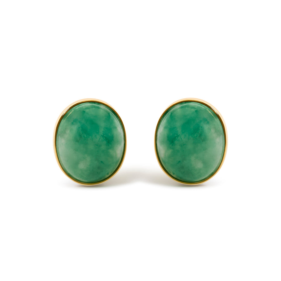 18K Yellow Gold 12x10 MM Bezel Set Oval Green Aventurine Stud Earrings