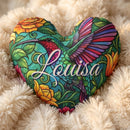 Personalized Hummingbird Heart Pillow with Name | Stained Glass Rainbow Wings, Golden Roses, Emerald Vines | Custom Gift for Hummingbird Lovers