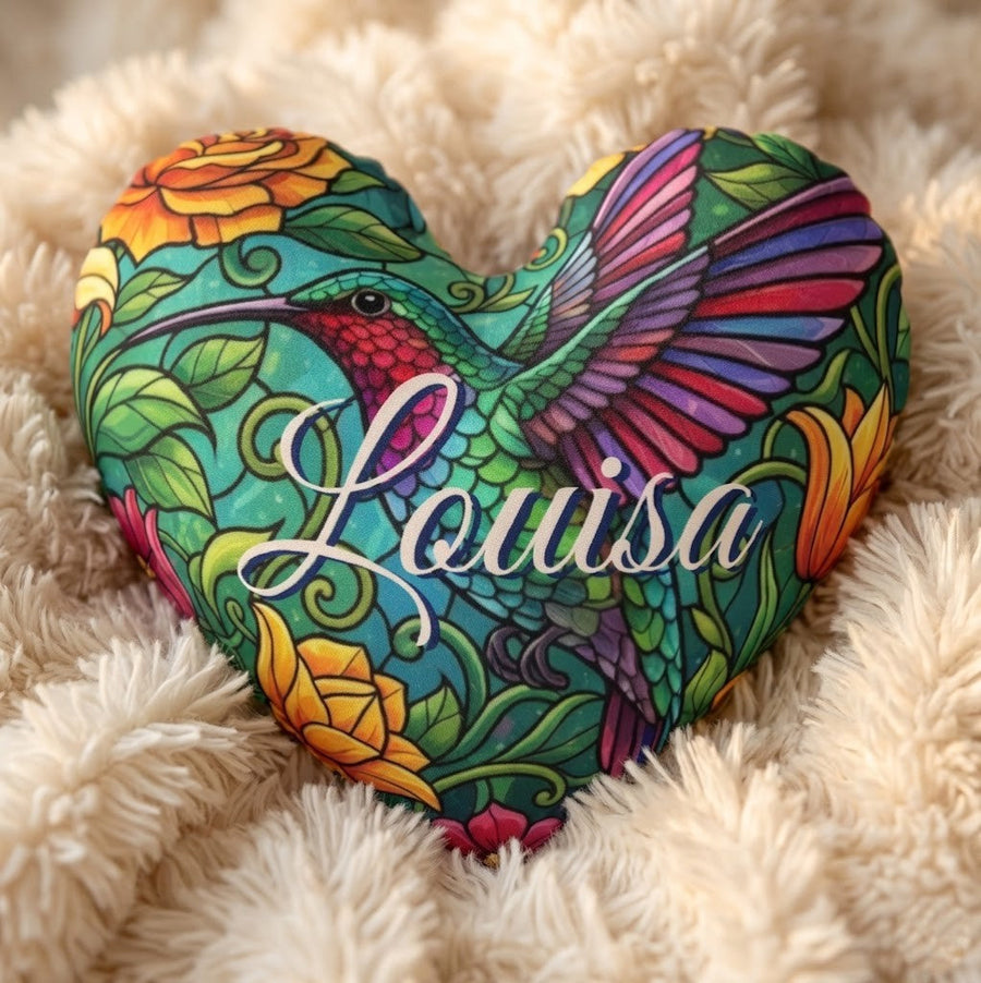 Personalized Hummingbird Heart Pillow with Name | Stained Glass Rainbow Wings, Golden Roses, Emerald Vines | Custom Gift for Hummingbird Lovers