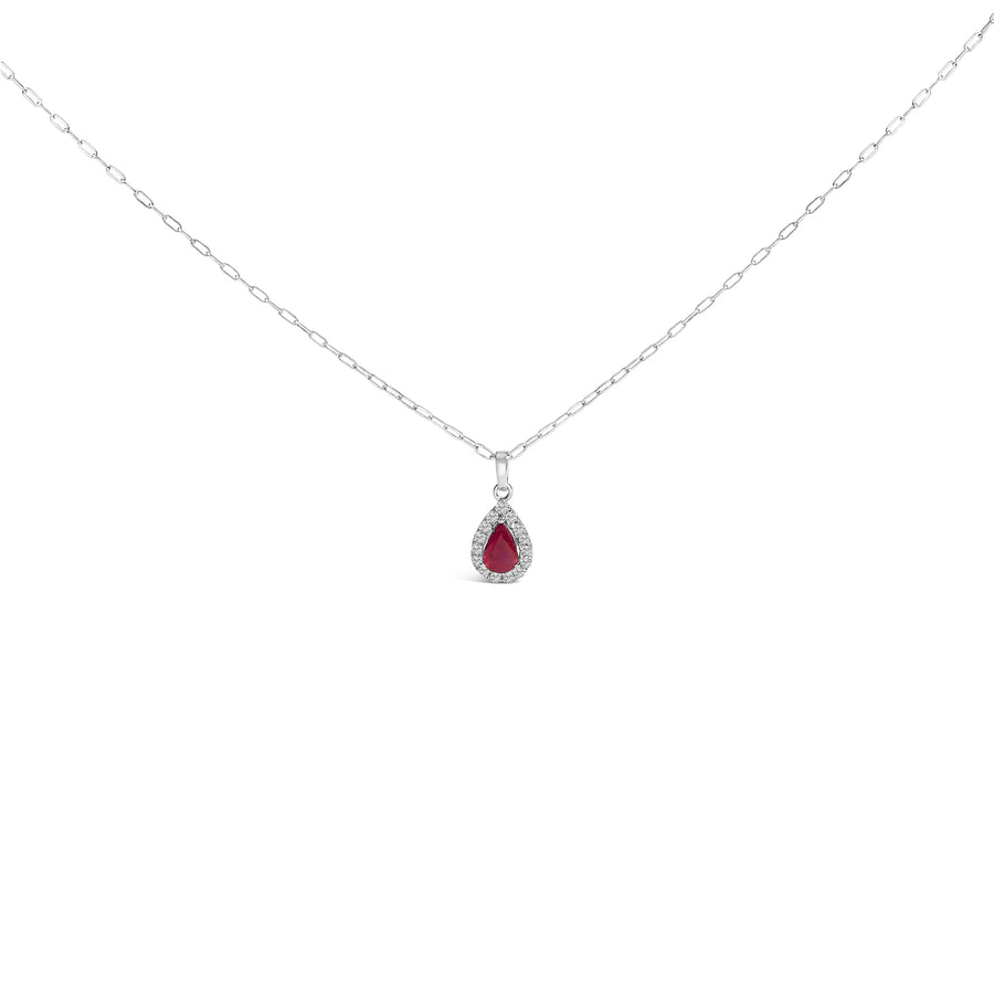 14K White Gold 6x4 Pear Red Ruby and Diamond Halo Pendant Necklace - 18