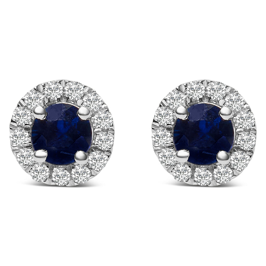 10K White Gold 3.25mm x 3.25mm Round Blue Sapphire and 1/10 Cttw Diamond Halo Stud Earrings (I-J Color, I1-I2 Clarity)