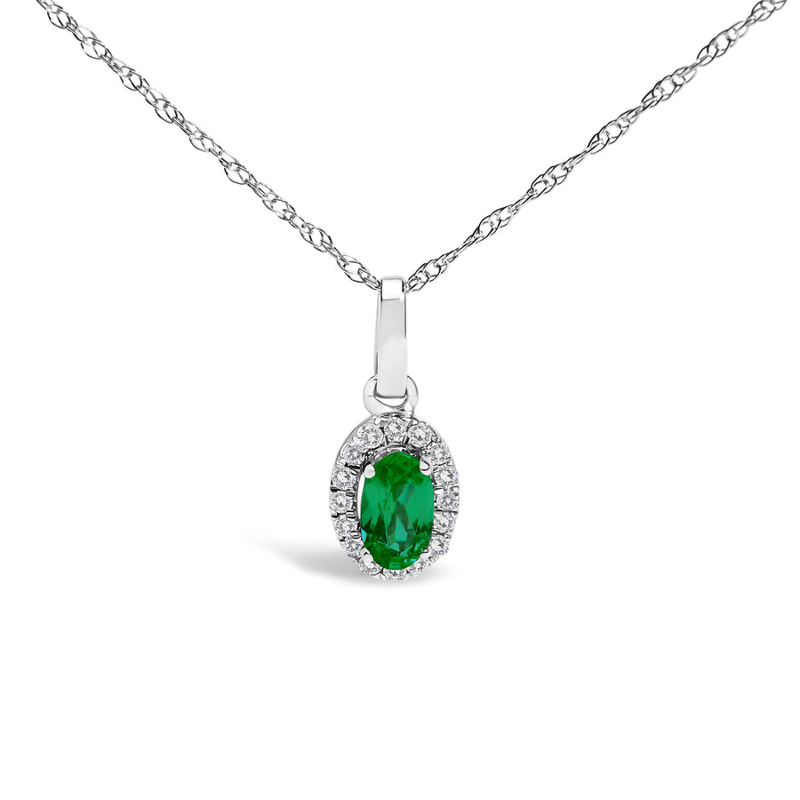 10K White Gold 5x3mm Green Emerald and Diamond Accent Halo Oval Shape 18