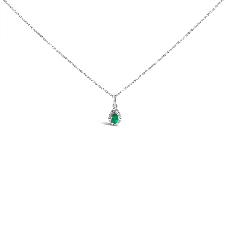 10K White Gold 5x3mm Green Emerald and Diamond Accent Halo Pear Shape 18