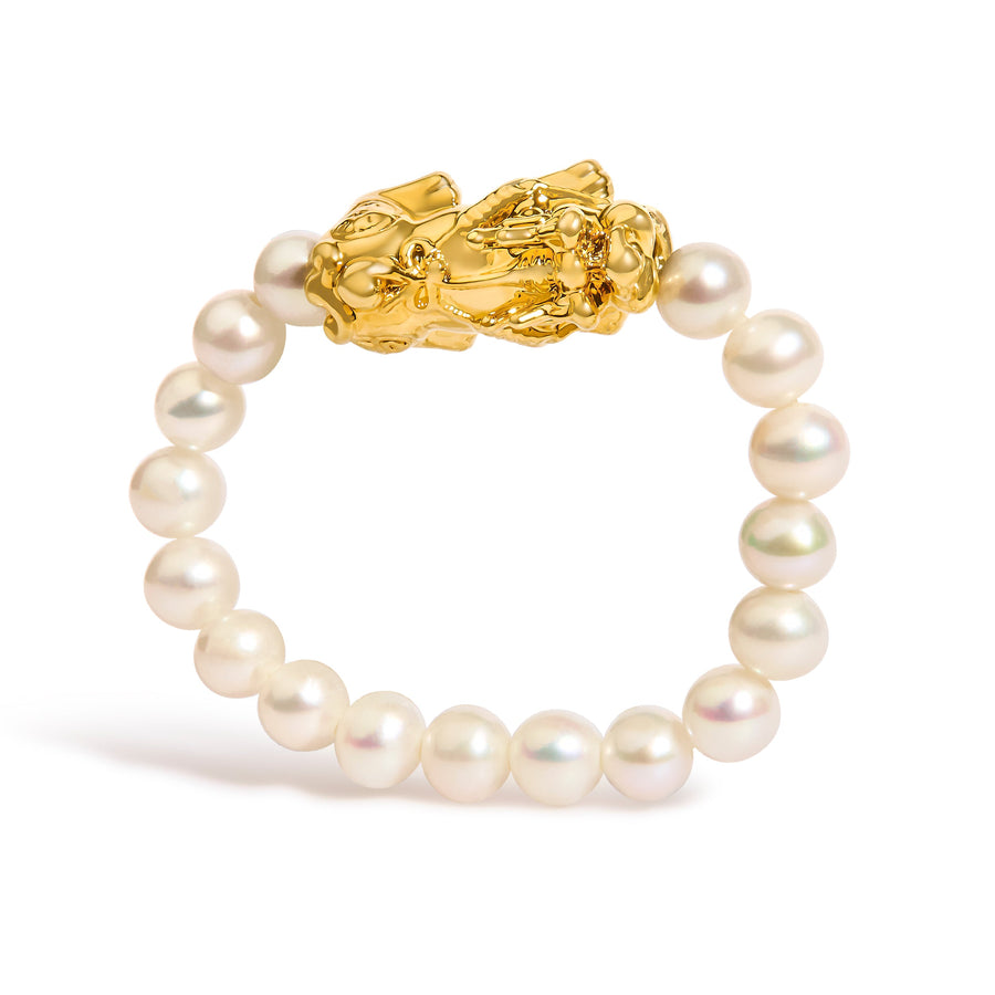 18K Yellow Gold Freshwater Pearl Dragon Charm Adjustable Ring Band