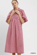 Umgee Puff Sleeve Plaid Midi Dress