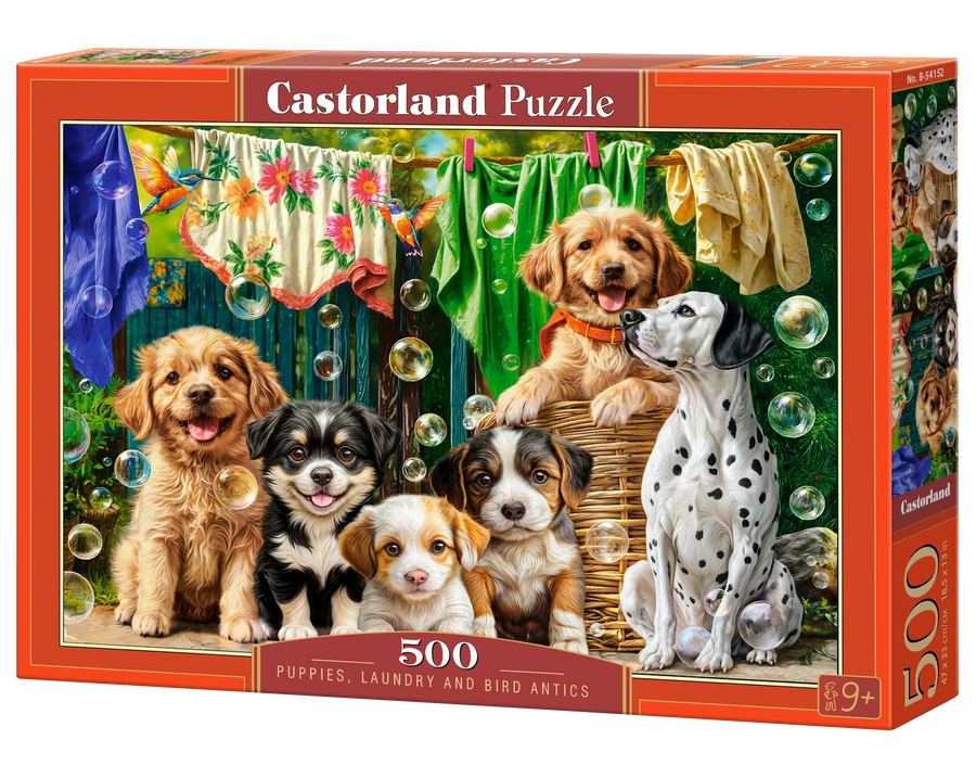 500 Piece Jigsaw Puzzle, Puppies, Laundry and Bird Antics, Puppies, Dogs, Golden Retriever, Dalmatian, Bubbles, Animal jigsaw, Adult Puzzle, Castorland  B-54152