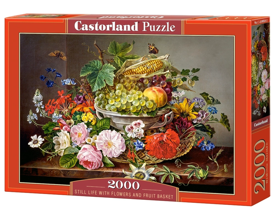 2000 Piece Jigsaw Puzzle, Still Life with Flowers and Fruit Basket, Vintage Oil Painting Style, Fine Art Botanical Brain Teaser, Adult Puzzle, Castorland C-200658-2