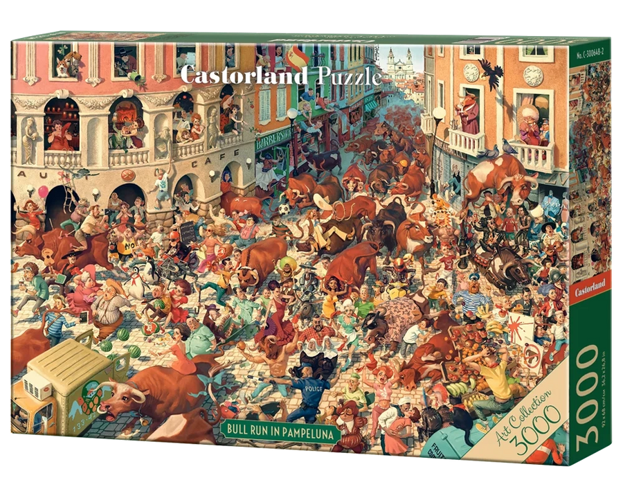 3000 Piece Jigsaw Puzzle, Bull Run in Pampeluna, Art Collection, Busy City Street Cartoon Scene, High Detail Seek and Find, Adult Puzzle, Castorland C-300648-2