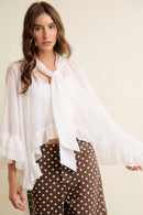 SO ME Sheer Ruffle Bell Sleeves Bow Tie Flowy Blouse Top