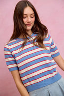 SO ME Stripe Knit Crew Neck Short Sleeves Sweater Top