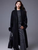 Thickened Coat With Fox-fur Sleeves Womens Belted Wool Blend