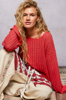 POL Round Neck Long Sleeve Open Weave Sweater