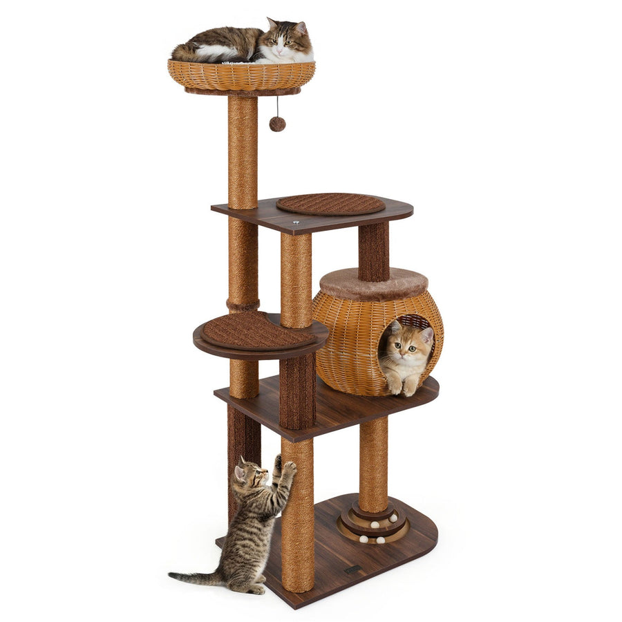 59.5 Inch Cat Tree Multi-Level Cat Tower with PE Rattan Cat Condo and Top Perch