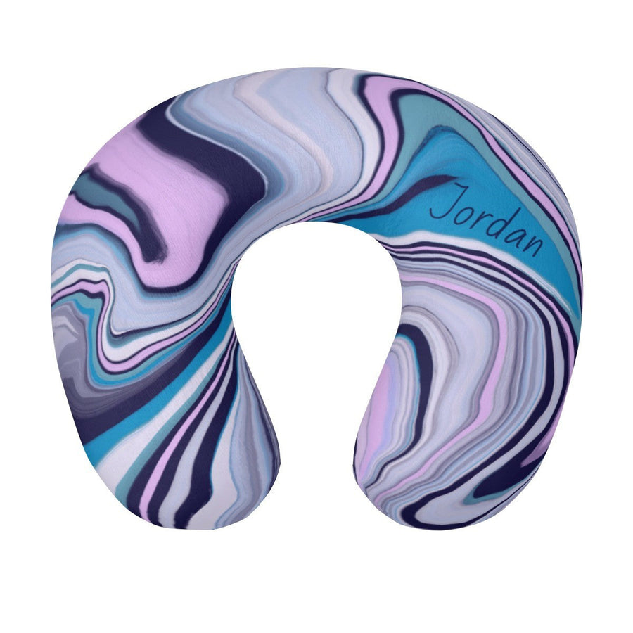 Personalized Marble Swirl Travel Neck Pillow with Name | Memory Foam, Detachable Washable Cover | Custom Gift for Art Lovers