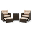 5 Pieces Patio Rattan Furniture with 2 Ottomans and Tempered Glass Coffee Table-Red