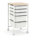 5-Drawer Rolling Storage Cart Mobile Utility Organizer with Wooden Tabletop and Lockable Wheels-White