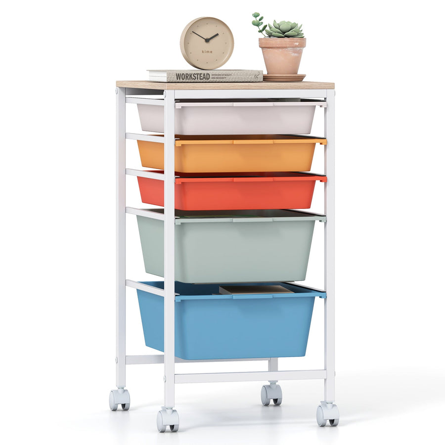 5-Drawer Rolling Storage Cart Mobile Utility Organizer with Wooden Tabletop and Lockable Wheels-White