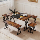 5-Piece Dining Room Set Industrial Rectangular Kitchen Table with 2 Benches and 2 Stools-Rustic Brown