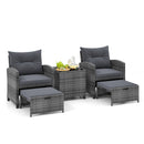 5 Piece Patio Rattan Furniture with 2 Ottomans and Tempered Glass Coffee Table