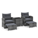 5 Piece Patio Rattan Furniture with 2 Ottomans and Tempered Glass Coffee Table
