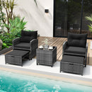5 Piece Patio Rattan Furniture with 2 Ottomans and Tempered Glass Coffee Table