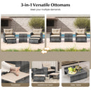 5 Piece Patio Rattan Furniture with 2 Ottomans and Tempered Glass Coffee Table