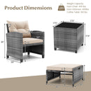 5 Piece Patio Rattan Furniture with 2 Ottomans and Tempered Glass Coffee Table